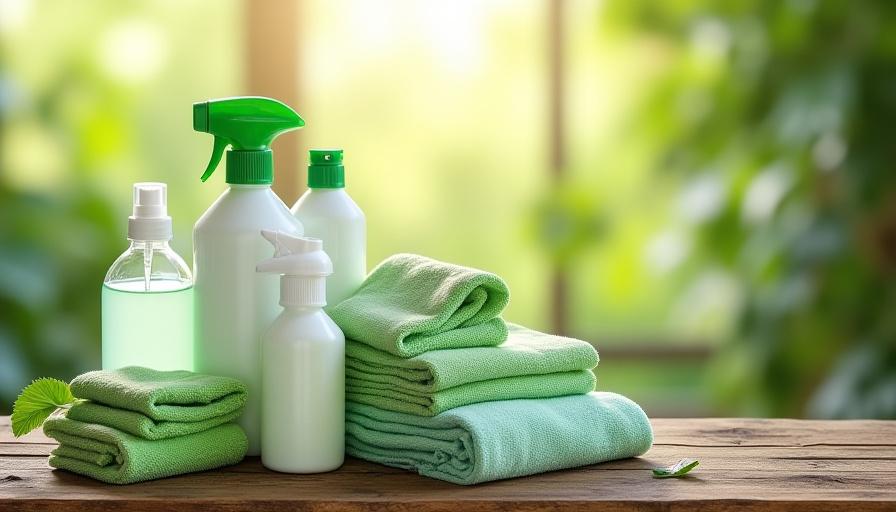 Assortment of green cleaning products and microfiber cloths artistically arranged on a rustic wooden table, emitting a natural glow